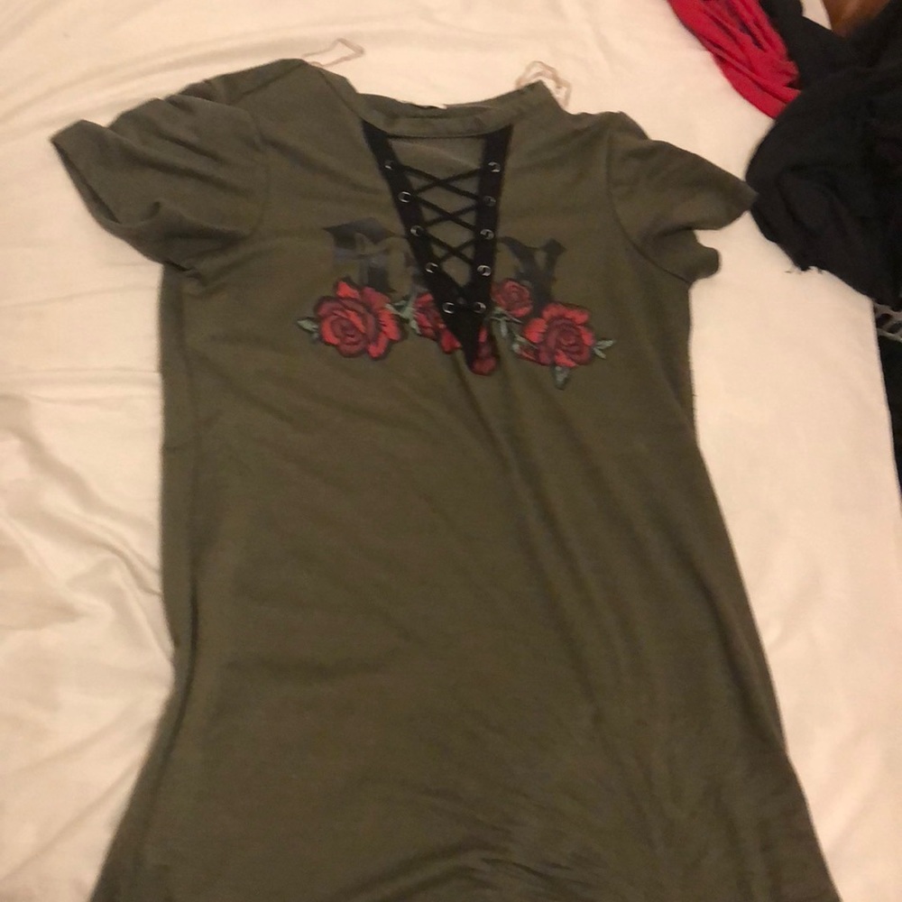 Navy green rose patterned dres with criss crosses